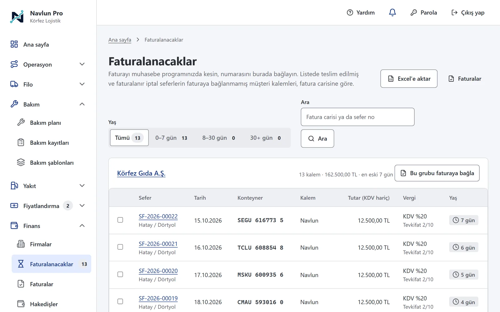Navlun Pro faturalanacaklar: teslim edilmiş, faturası kesilmemiş işler fatura carisine göre, bekleme süresiyle.