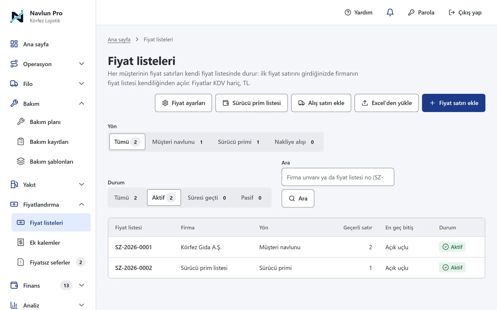 Navlun Pro fiyat listeleri: firma, varış, konteyner boyu, tutar ve geçerlilik tarihleriyle fiyat satırları.